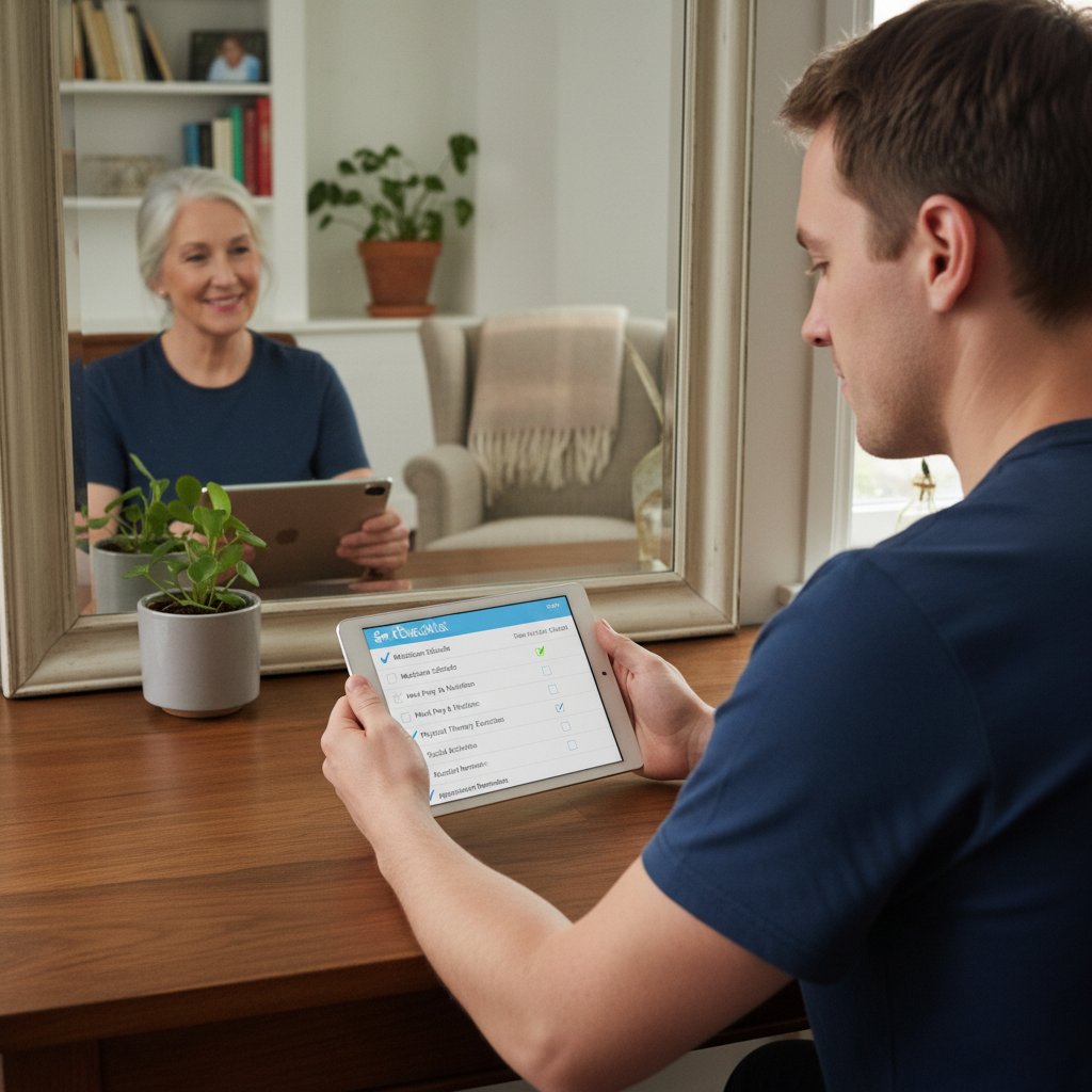 Młody człowiek analizuje listę z pytaniami, gotowość do podjęcia opieki, stres i refleksja