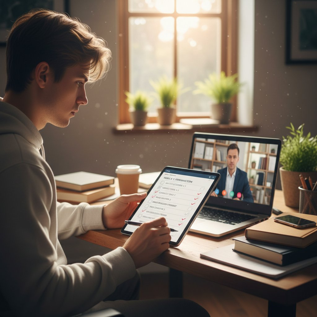 Młody człowiek odhaczający punkty na liście podczas nauki online