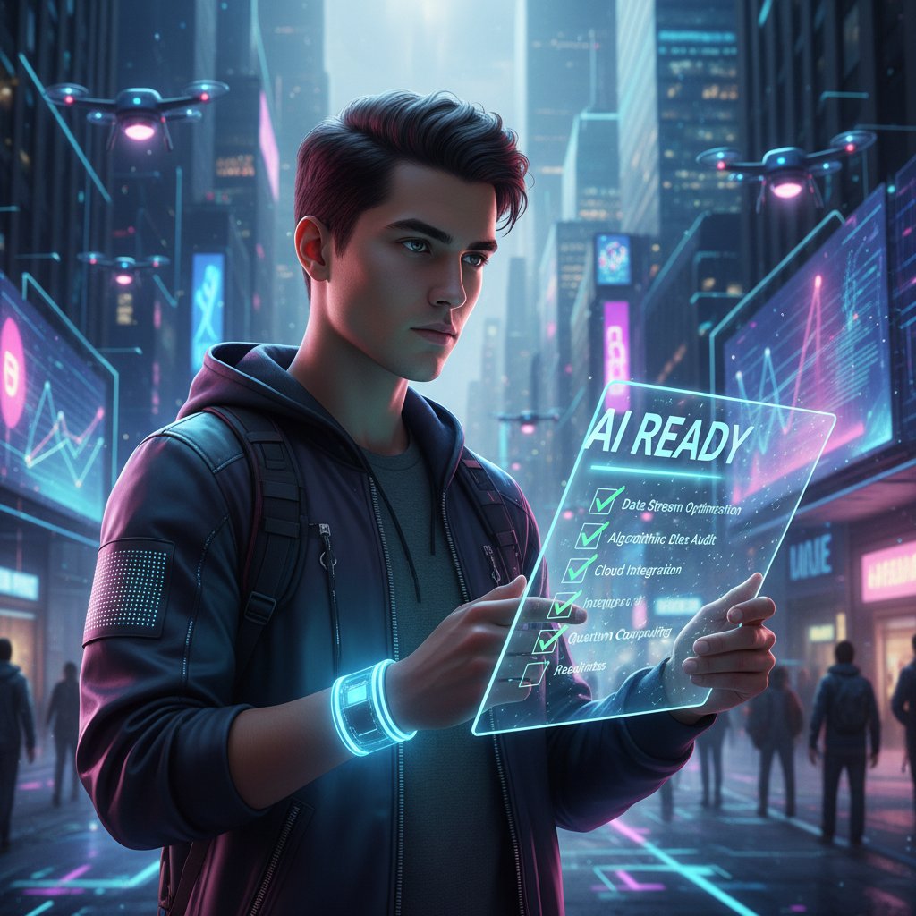 Samoocena gotowości na AI w polskich realiach, młoda osoba odhaczająca checklistę na tle miasta