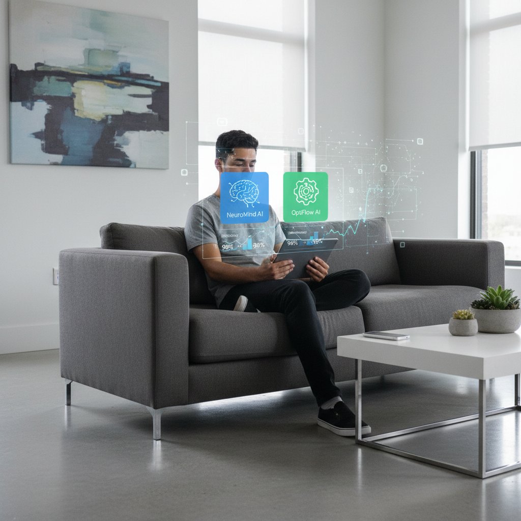 Porównanie aplikacji AI, młoda osoba wybiera platformę na telefonie, nowoczesne wnętrze