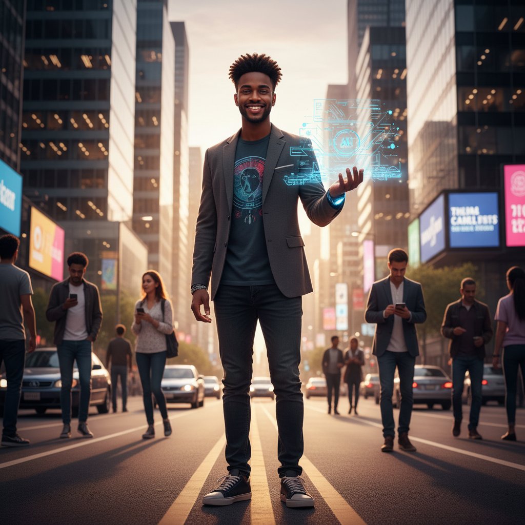 Młoda osoba wychodzi na miasto z uśmiechem, czując się pewnie po rozmowie z AI