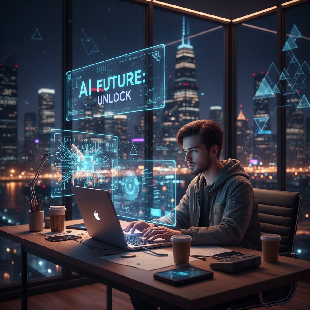 Inspirująca scena – młoda osoba patrzy na rozświetlone miasto, laptop, symbol przyszłości AI