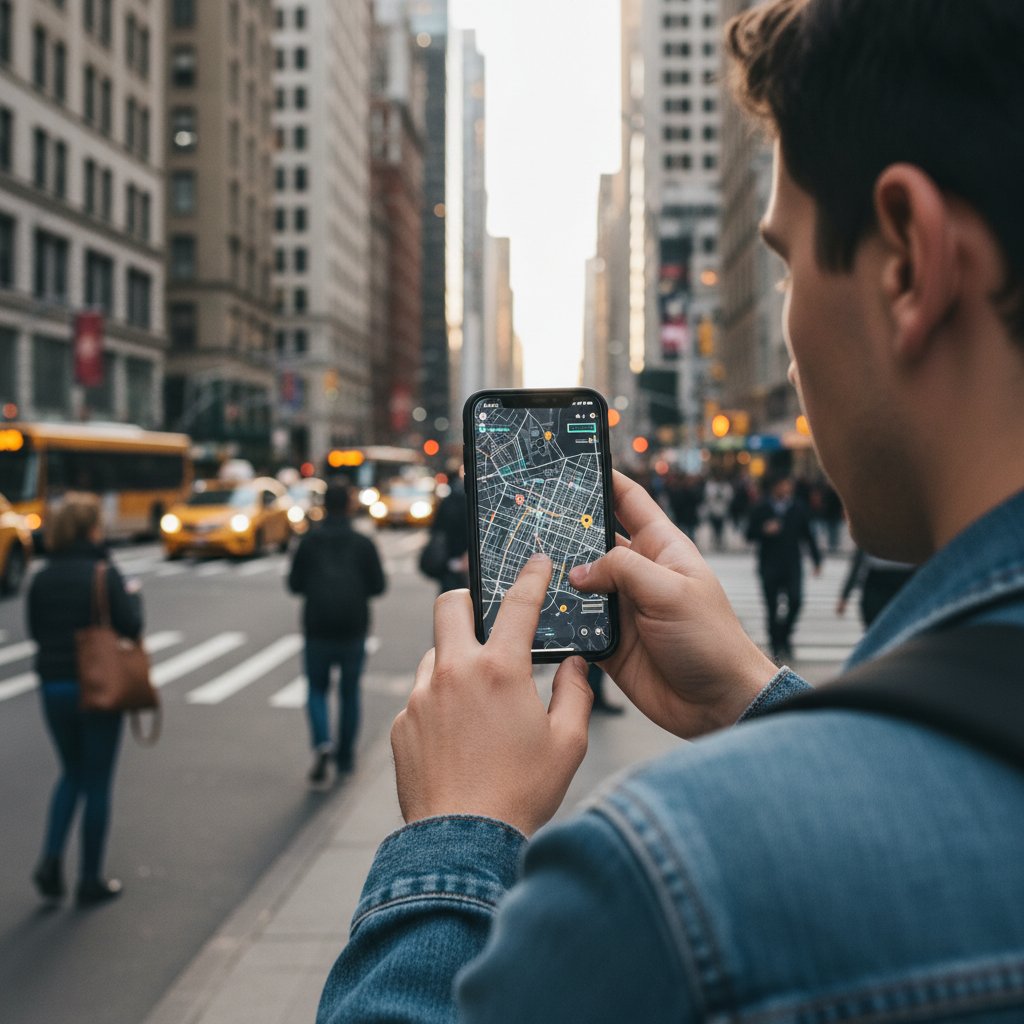Młoda osoba korzystająca z mapy miasta na smartfonie, szukając sklepu sportowego, szybkie znalezienie sklepu sportowego