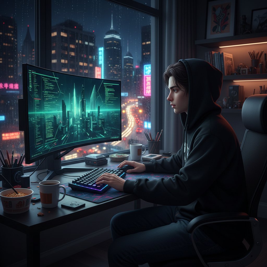 Młoda osoba siedząca nocą przy komputerze w dużym mieście, światła miasta za oknem, klimat oczekiwania i ciekawości