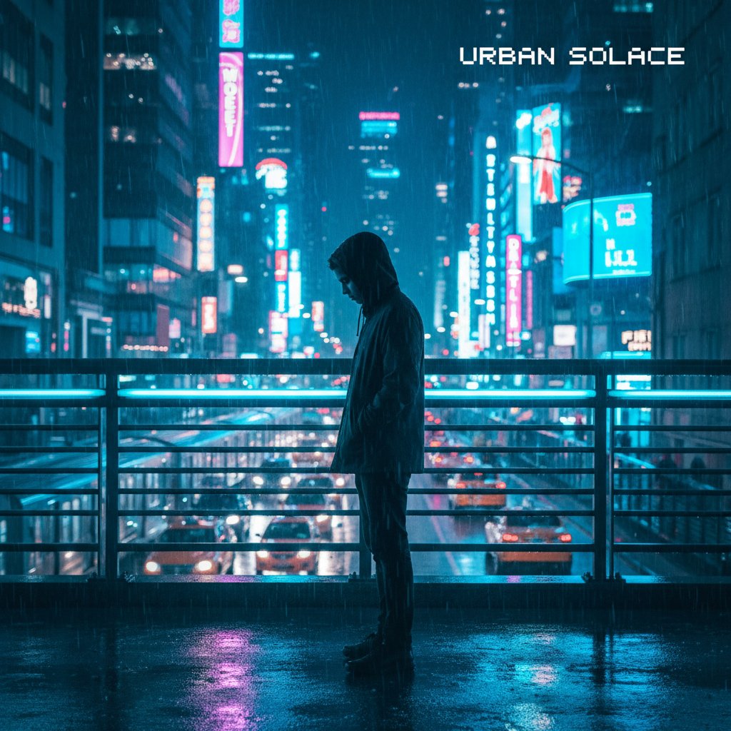 Młoda osoba samotnie siedząca na ławce w wielkim mieście nocą, z neonami w tle, oddająca uczucie odrzucenia i samotności