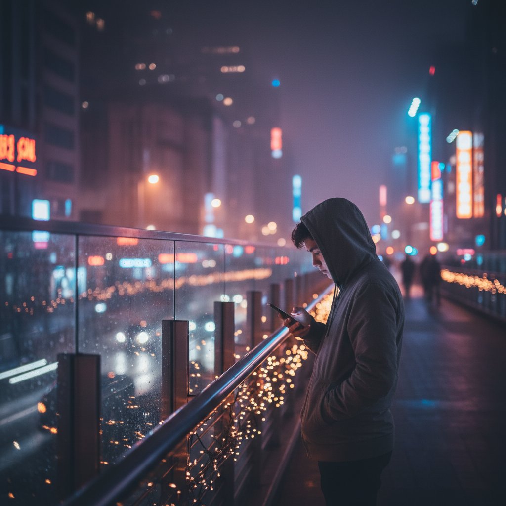 Młoda osoba patrząca przez okno wieżowca z telefonem w dłoni, w tle rozświetlone miasto, symbolizując samotność i globalne połączenia online