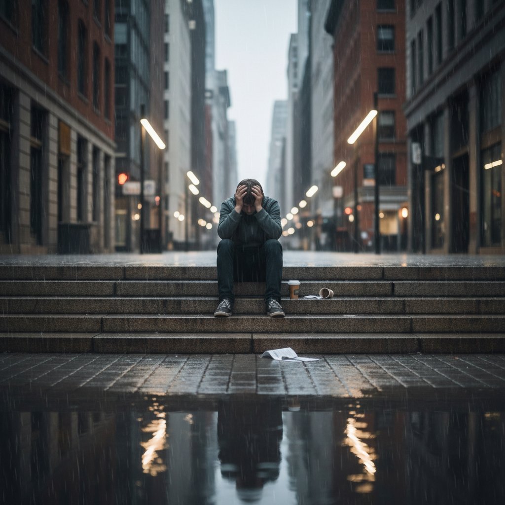 Zdjęcie młodego człowieka siedzącego samotnie na schodach tuż po nieudanym wystąpieniu, głowa w dłoniach, światło miejskie, atmosfera refleksji