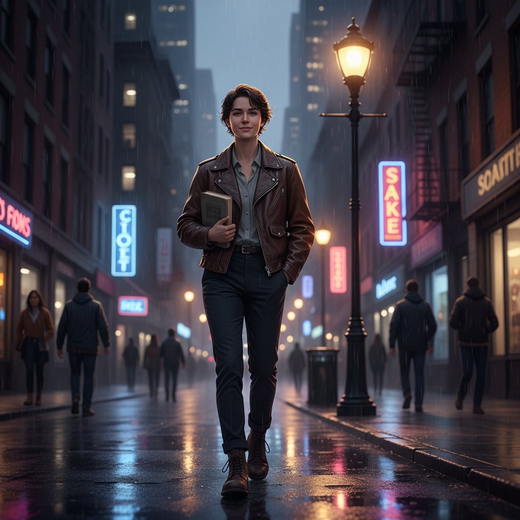 Młoda osoba idąca pewnie ulicą nocą, światła miasta, symbolizująca odwagę i przełamywanie samotności