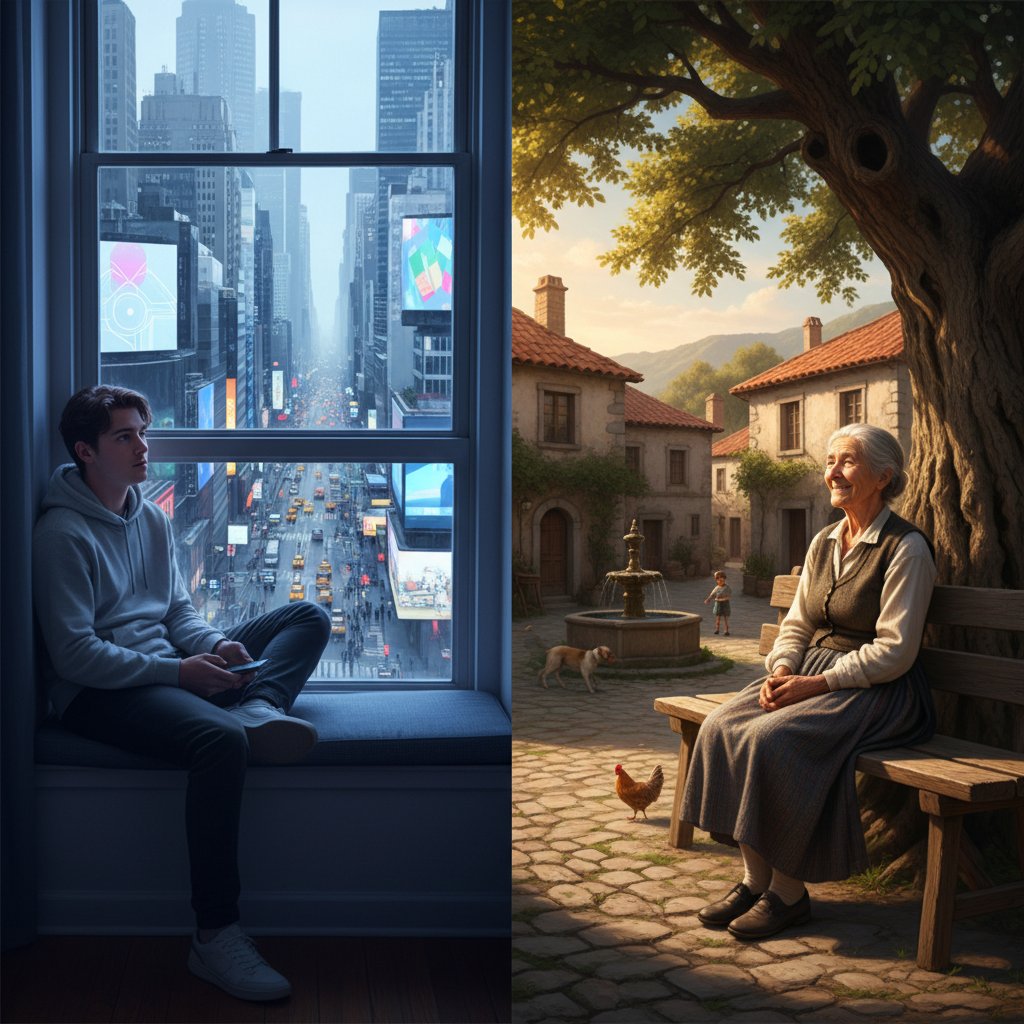 Młoda osoba patrząca przez okno mieszkania w mieście, kontra starsza osoba na ławce na wsi, kontrast