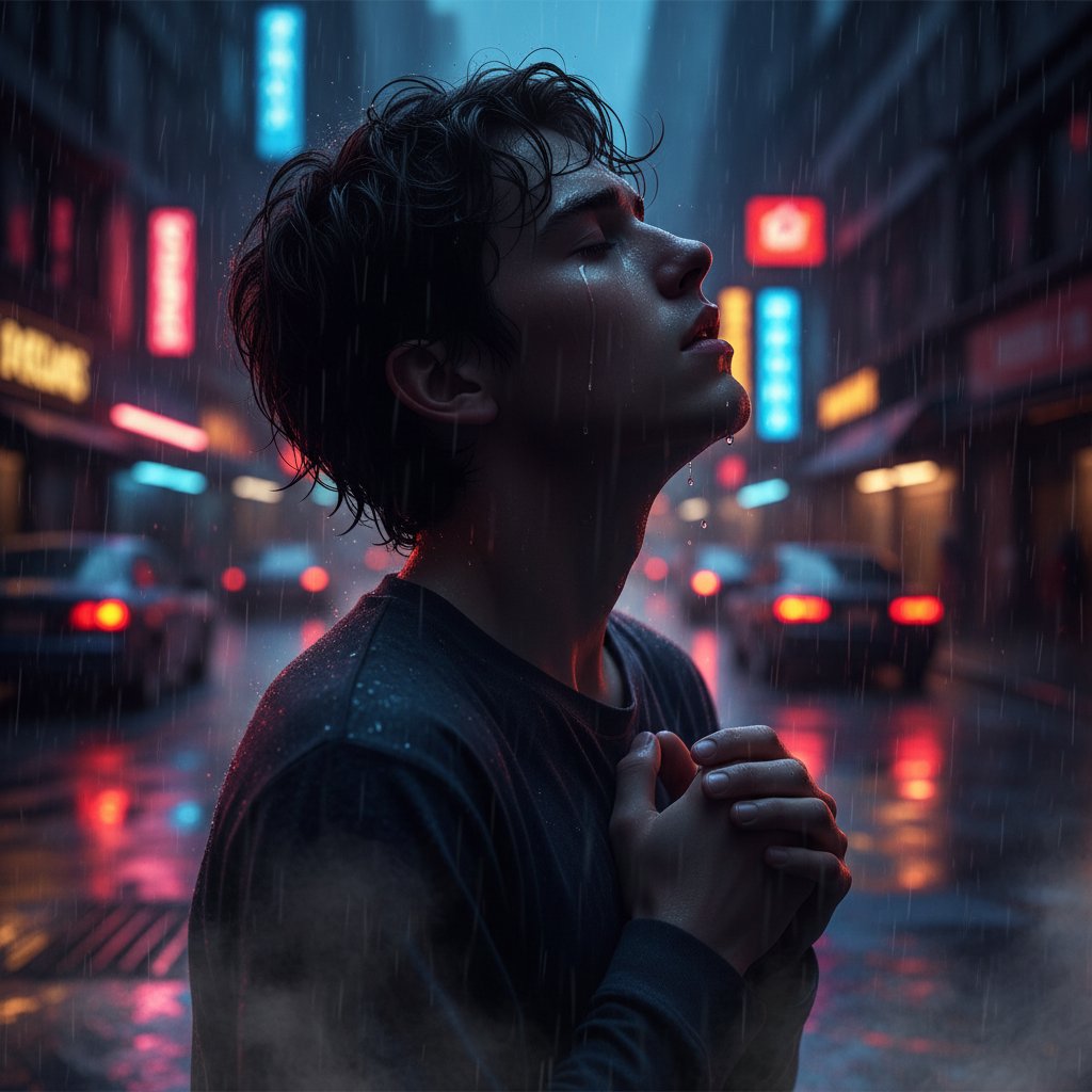 Osoba młoda z zamkniętymi oczami, z wyraźnym napięciem na twarzy, w miejskiej scenerii nocą – symboliczny obraz drgawek psychogennych