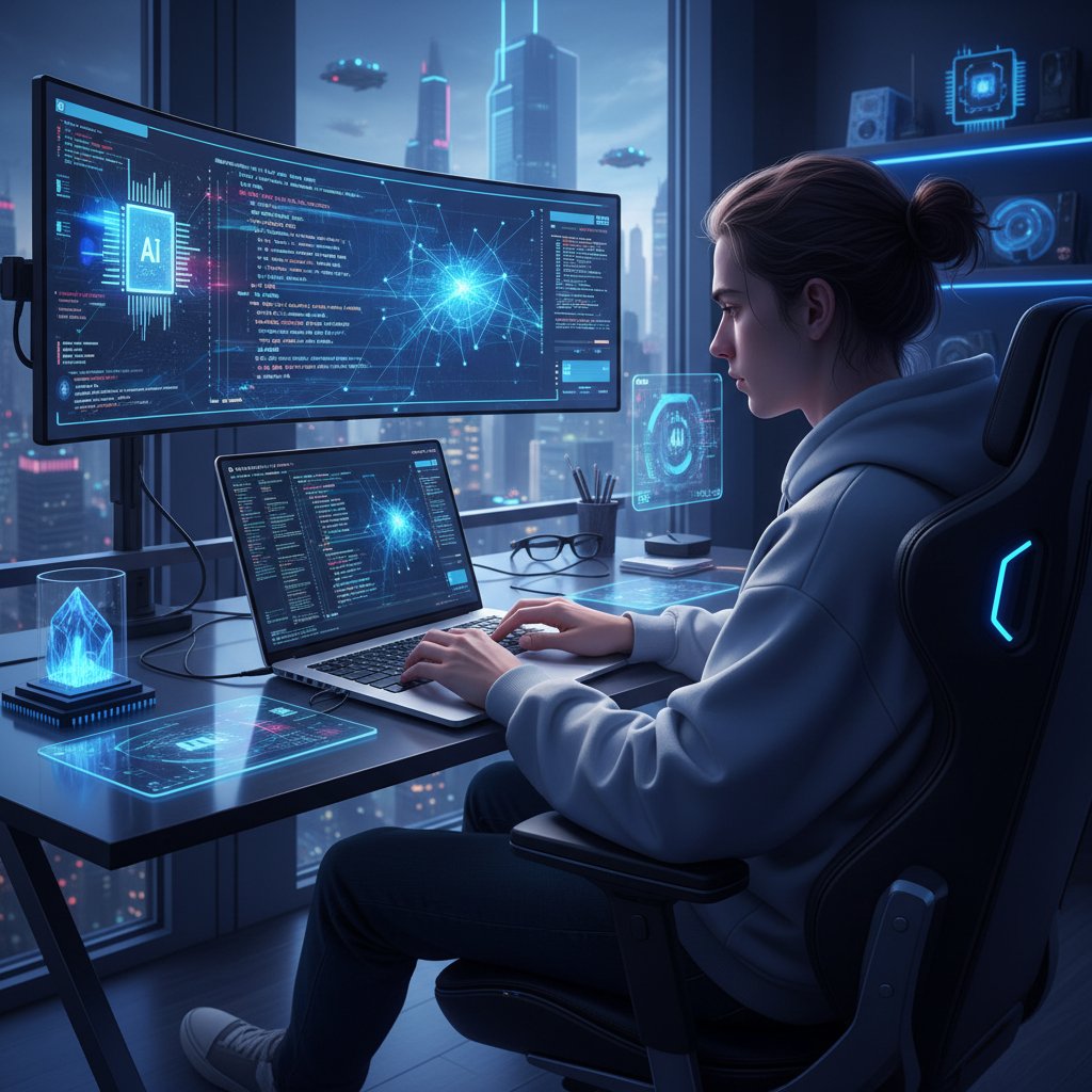 Młoda osoba programująca AI na laptopie, tło: tablica kodu, nowoczesna technologia, słowa kluczowe: sztuczna inteligencja, NLP, polska AI