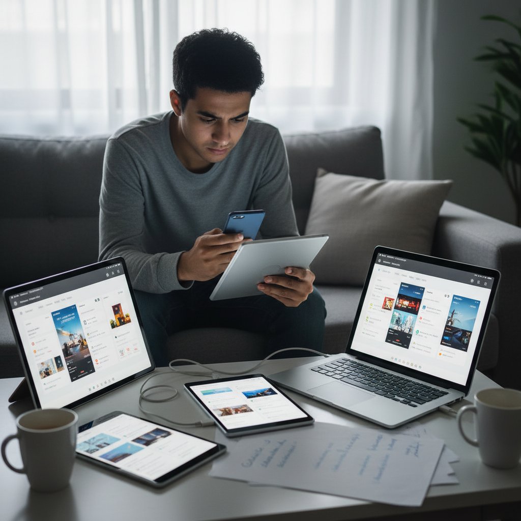 Porównanie aplikacji do rozmów online, młoda osoba korzysta z kilku urządzeń naraz, wyraźna atmosfera wyboru