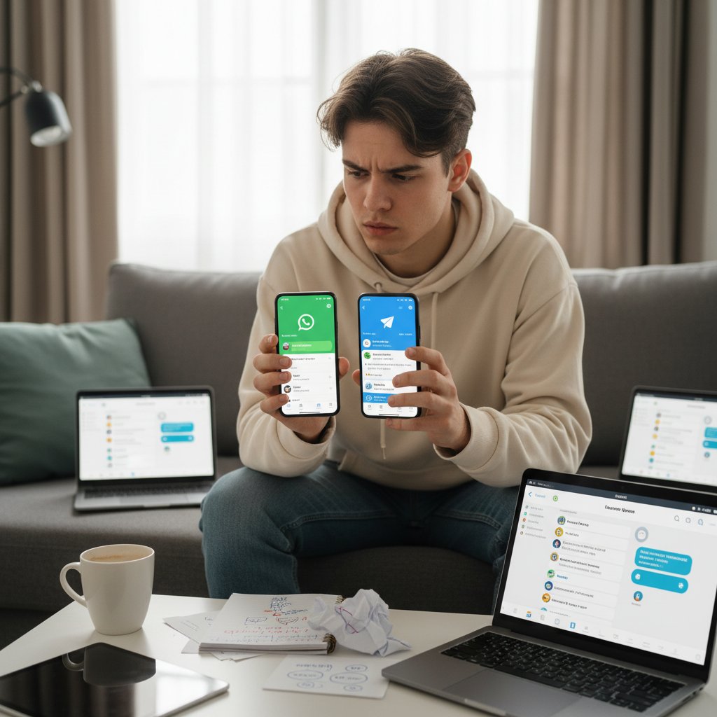 Młoda osoba porównuje aplikacje czatowe na ekranie smartfona, wybierając najlepszą opcję