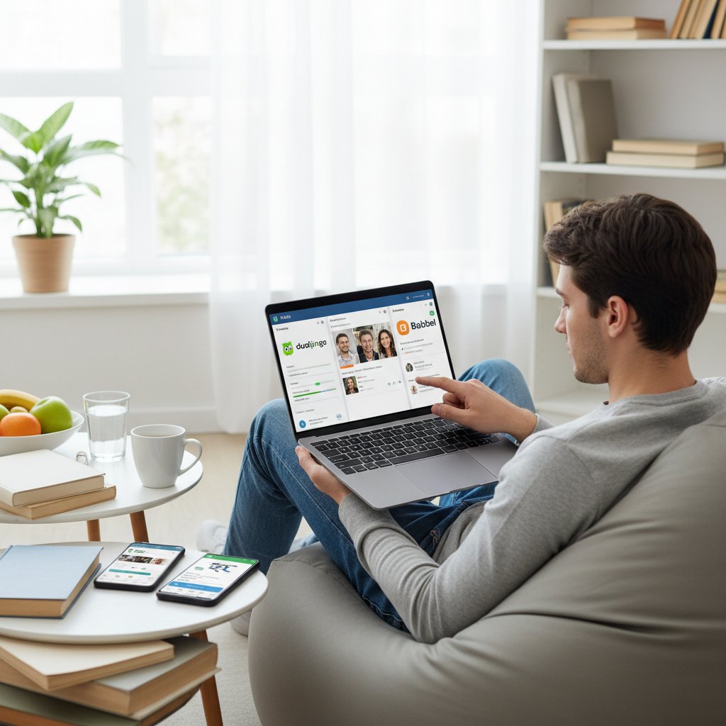 Porównanie platform e-learningowych przez młodą osobę, ekran laptopa z kilkoma otwartymi oknami aplikacji językowych