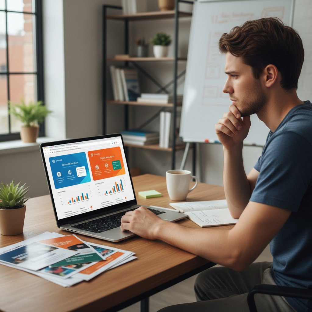 Młody człowiek analizujący różne platformy korepetycji online na laptopie, porównując ich funkcjonalność