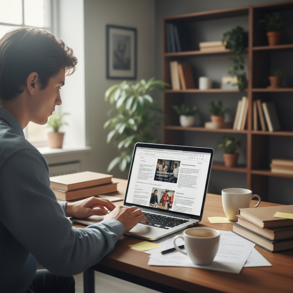 Młoda osoba w okularach porównuje dwa artykuły zdrowotne na ekranie laptopa – koncentracja, analiza