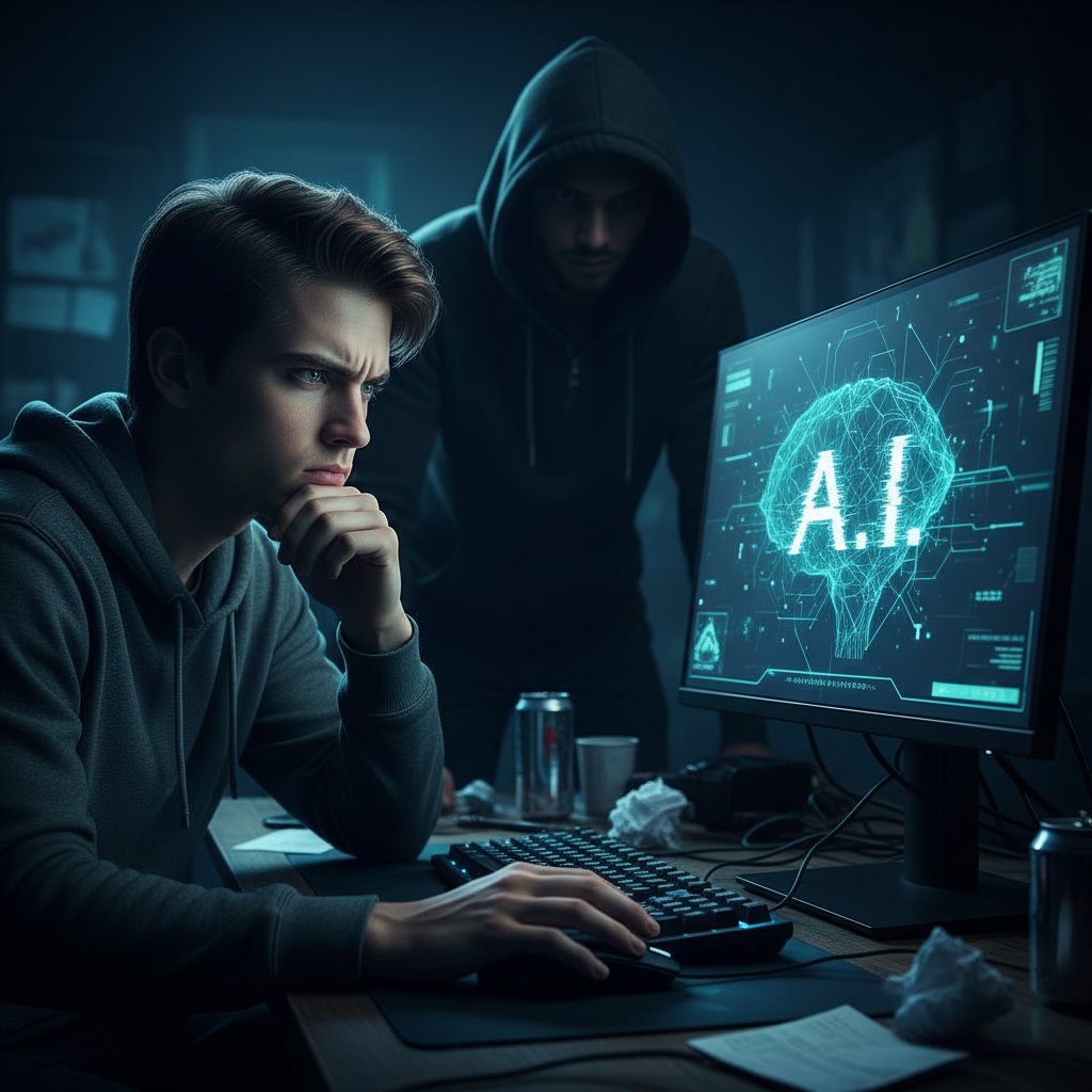 Młoda osoba patrząca z nieufnością na ekran, na którym widać ikonkę AI