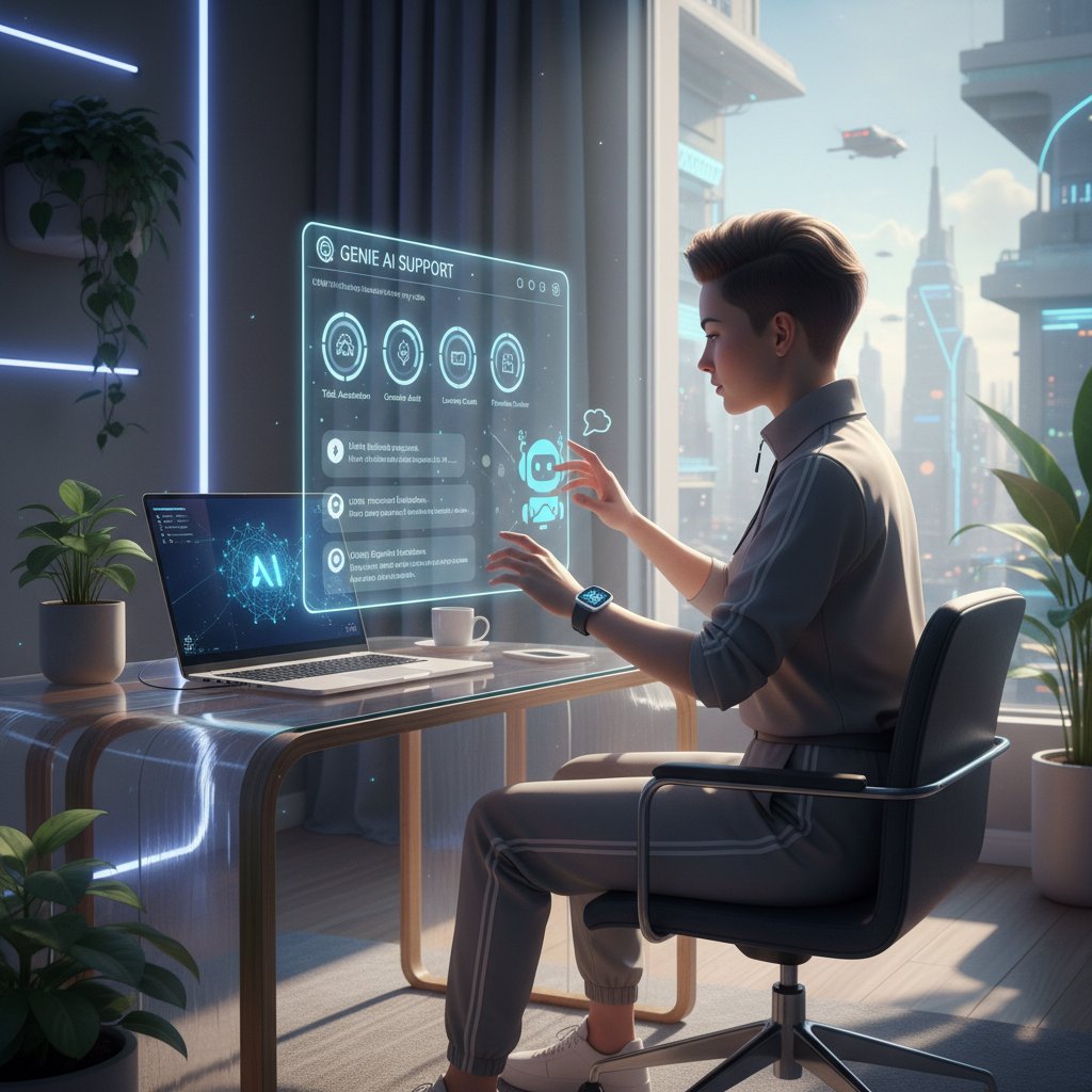 Młoda osoba korzystająca z komputera z wyświetloną aplikacją wsparcia AI, atmosfera technologicznej nowoczesności