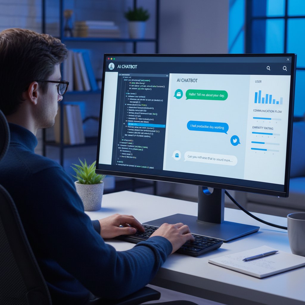 Młoda osoba rozmawia z chatbotem AI na ekranie komputera, trening umiejętności komunikacji online