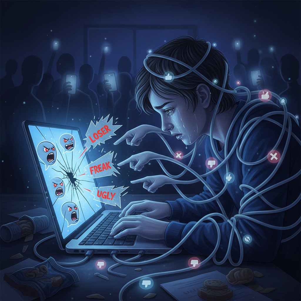 Młoda osoba siedzi przy komputerze, cyberprzemoc, presja społeczna online