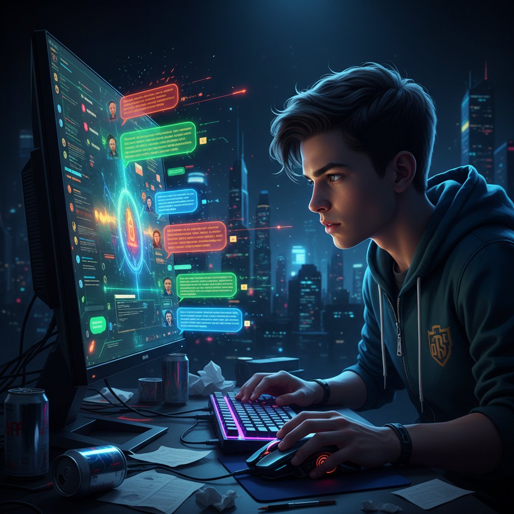 Młoda osoba przy komputerze, otoczona powiadomieniami czatu, z wyrazem determinacji – obraz przełamywania nieśmiałości online