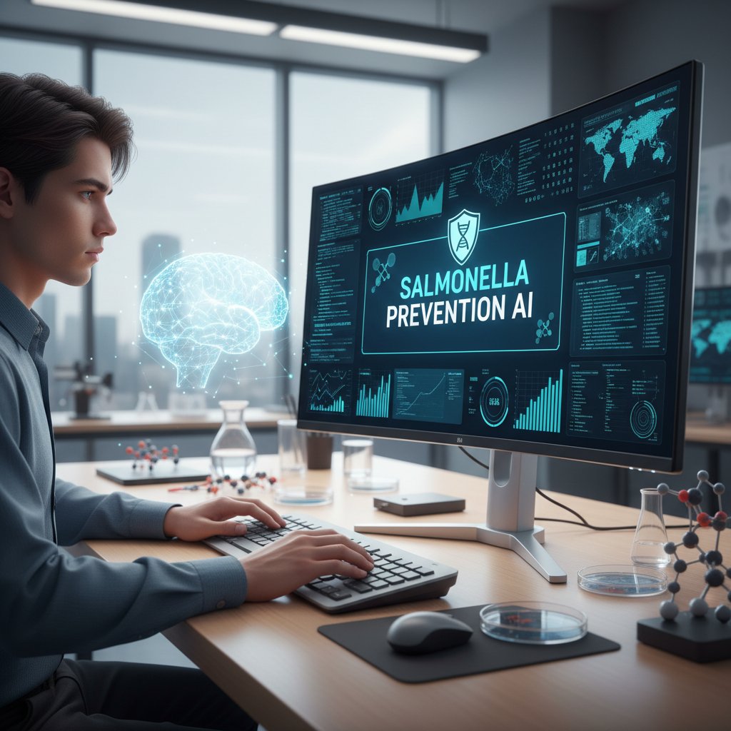 Młoda osoba korzystająca z komputera, na ekranie analiza danych zdrowotnych – nowoczesna prewencja salmonelli, technologia AI