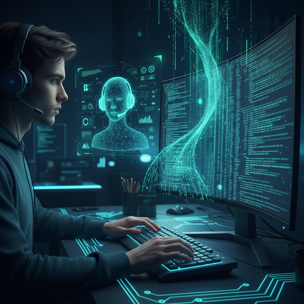 Młoda osoba siedząca przed komputerem, na ekranie widoczne linie kodu i cyfrowy profil osoby