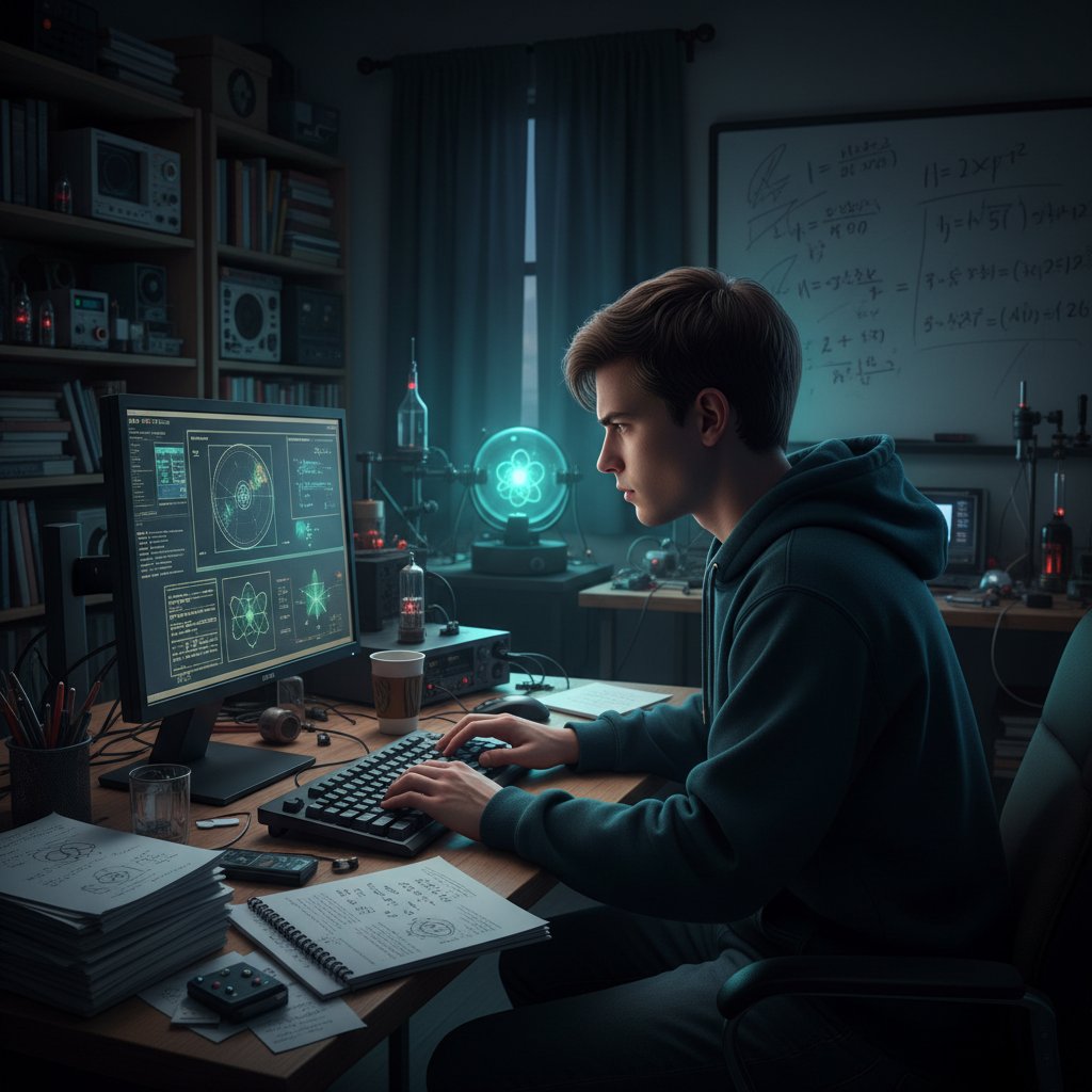 Młody człowiek przy komputerze, ekran świeci wykresem atomowym, wokół notatki i podręczniki fizyka jądrowa