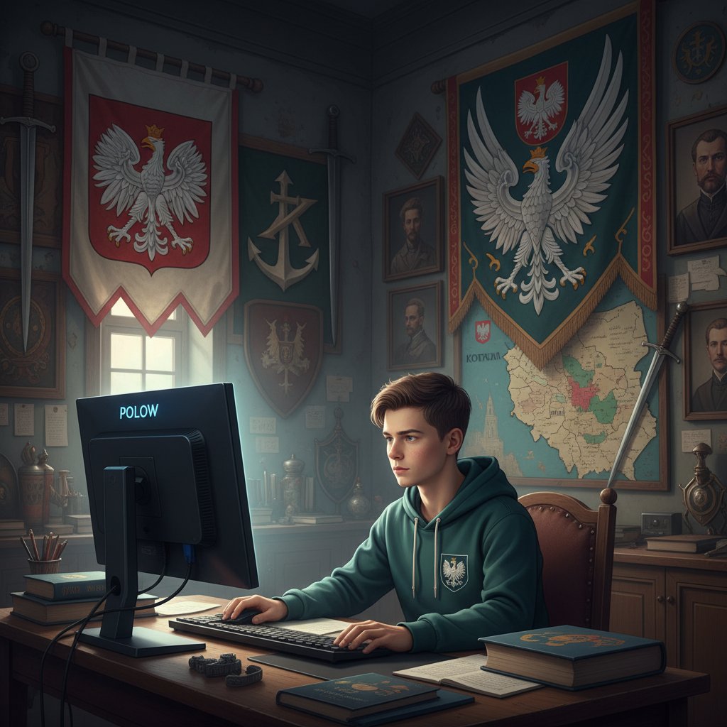 Symboliczna scena – młoda osoba przy komputerze, w tle zarysy polskich symboli historycznych