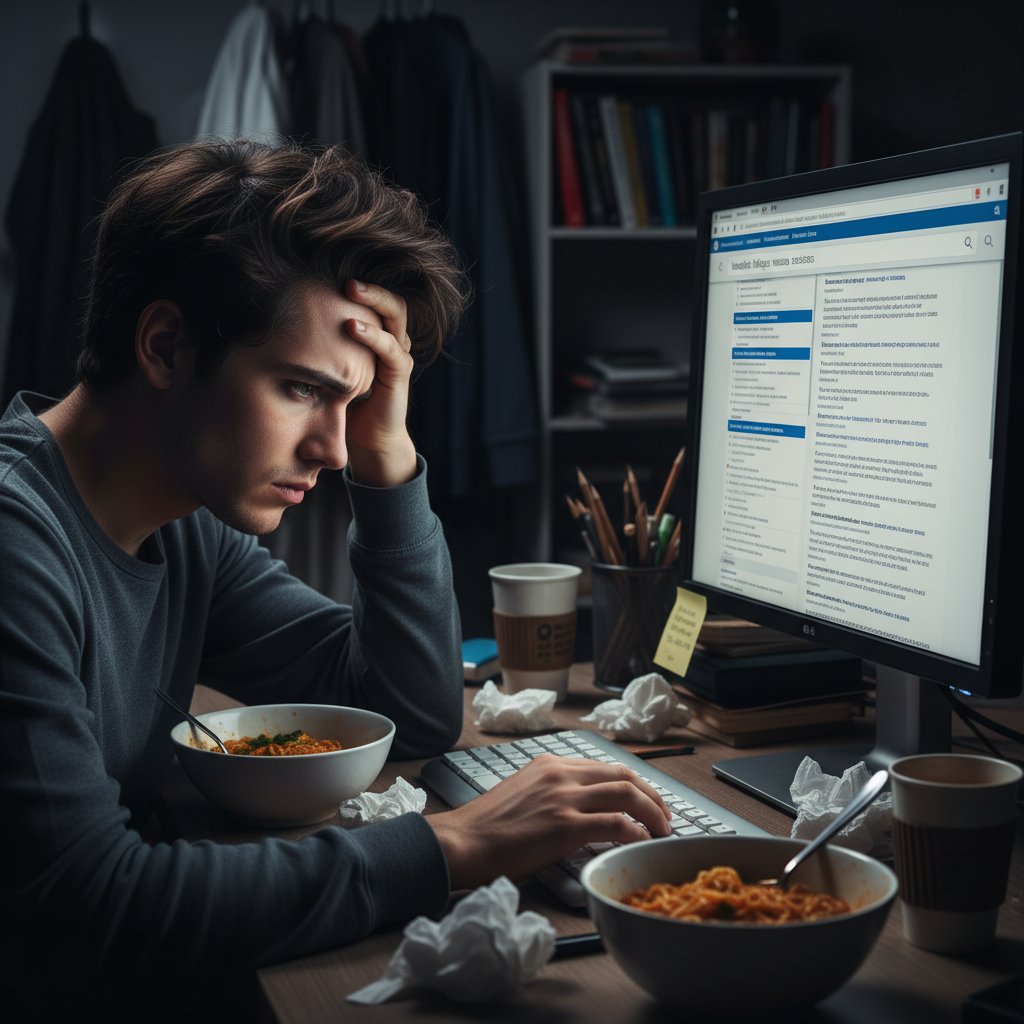 Młoda osoba przy komputerze, szukająca odpowiedzi na objawy zdrowotne, z wyraźną frustracją