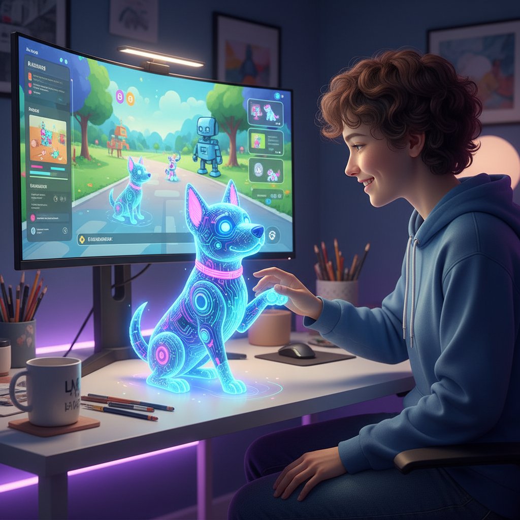 Młoda osoba przy komputerze, uśmiechnięta twarz i ekran z pieskiem AI – początek cyfrowej przyjaźni