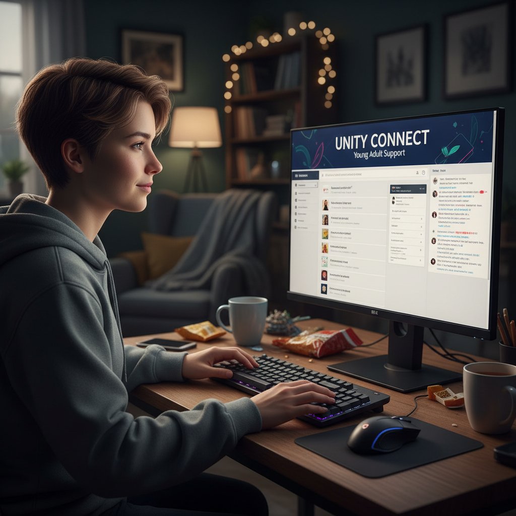 Młoda osoba siedząca przy komputerze, przeglądająca forum wsparcia dotyczącego bigoreksji, wokół zdjęcia symbolizujące wsparcie online