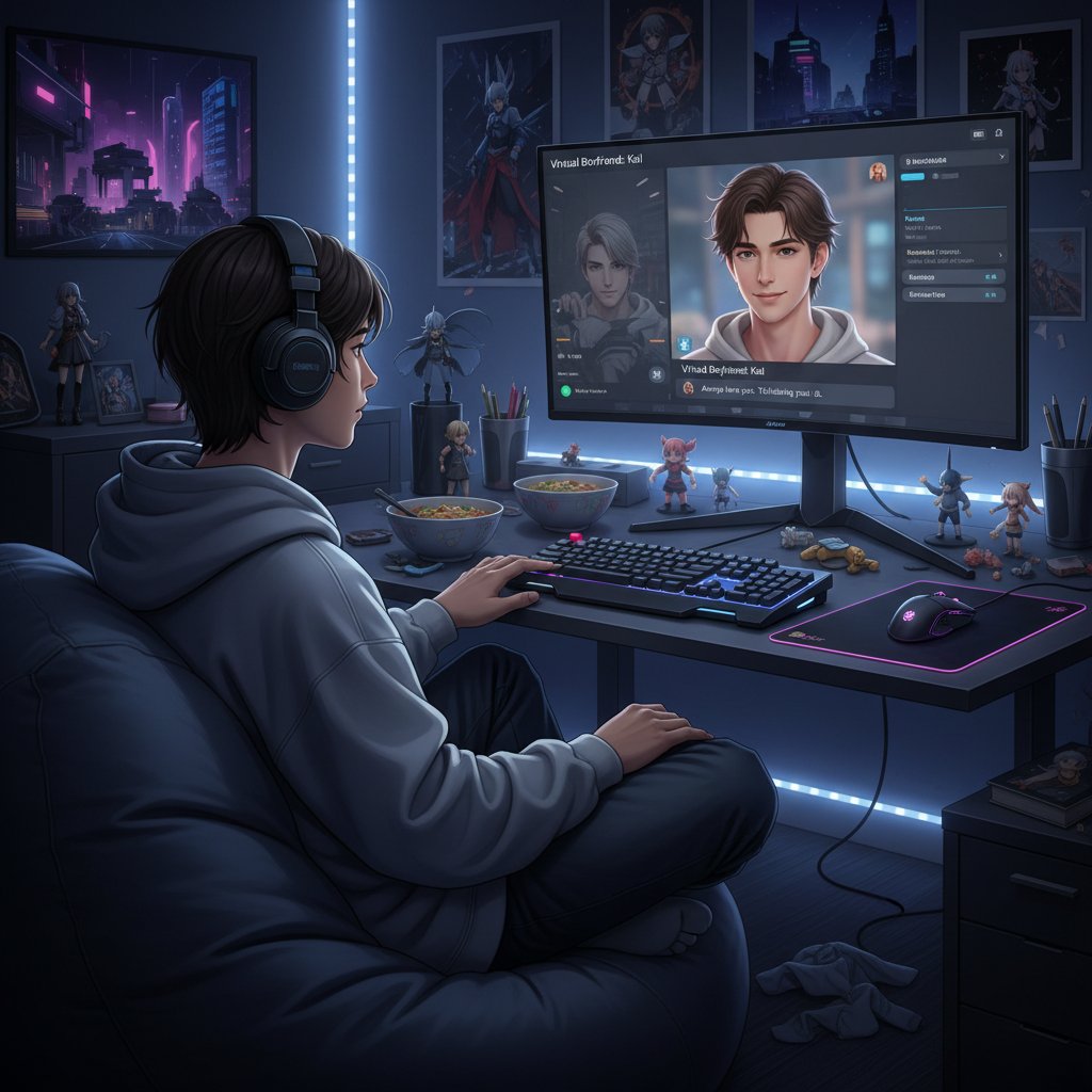 Młoda osoba przy komputerze, zaczynająca rozmowę z wirtualnym chłopakiem, ekran wypełniony tekstem