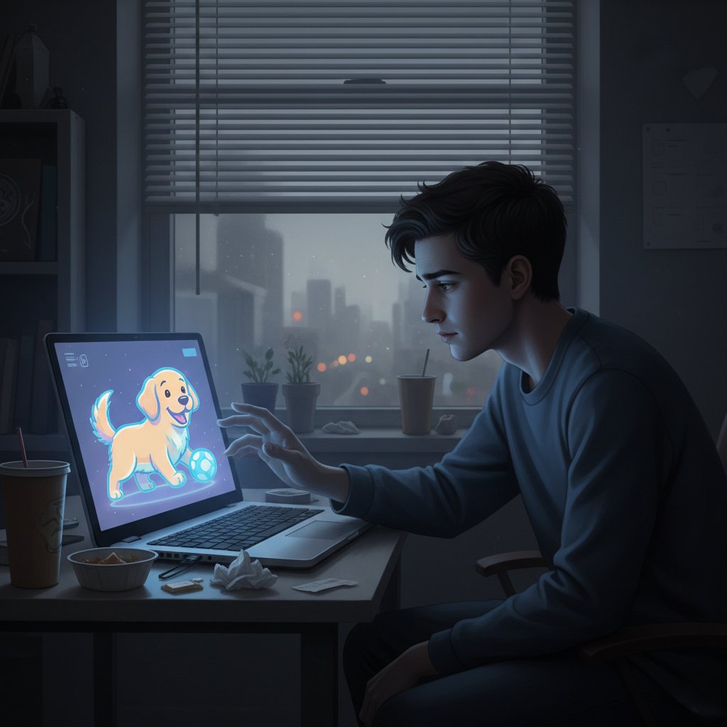 Młoda osoba siedząca samotnie przy komputerze, wyświetlona aplikacja z wirtualnym psem, słowa kluczowe: samotność, cyfrowa relacja, zabawa z psem online