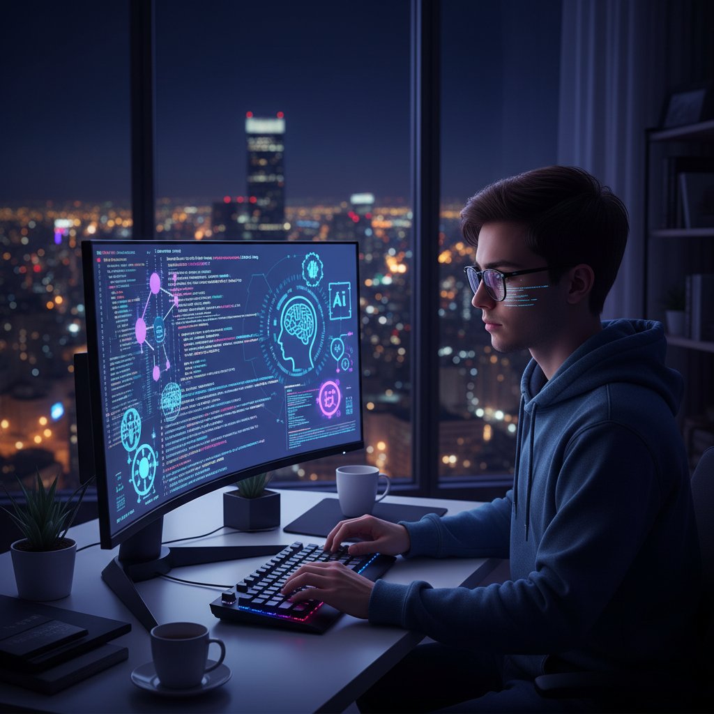 Młoda osoba wpatrzona w ekran komputera z odbiciem kodu i ikon AI w oczach, nocna sceneria, napięcie i niejasność