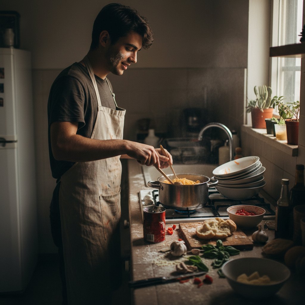 Młoda osoba gotuje prosty makaron w domowej kuchni, chaos składników, dynamiczne światło
