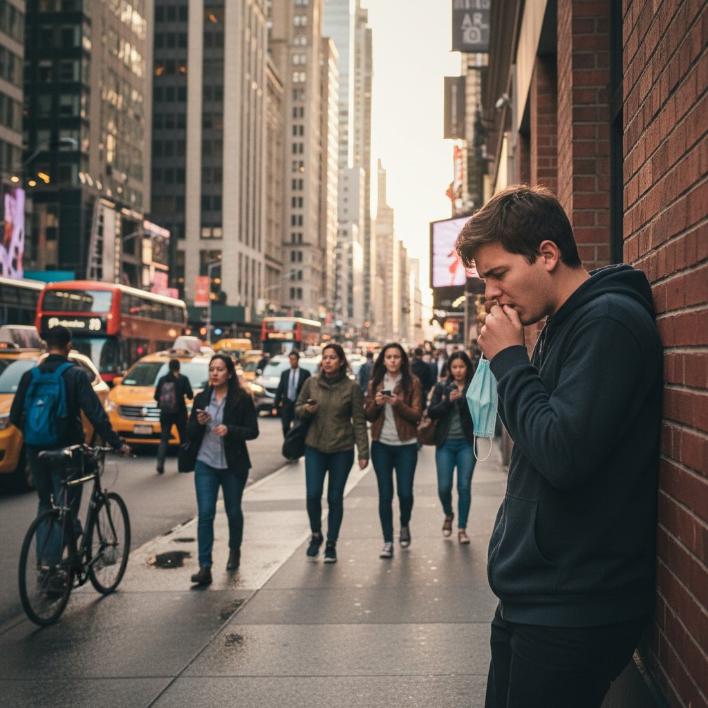 Młoda osoba kaszląca na zatłoczonej ulicy w centrum miasta