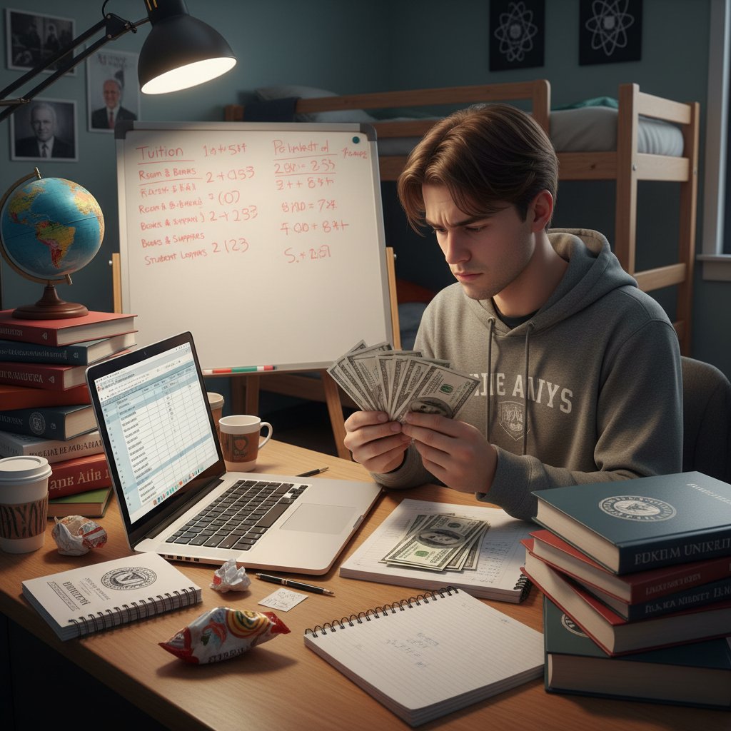 Porównanie kosztów: młody człowiek liczący pieniądze przy laptopie, obok notatki i książki