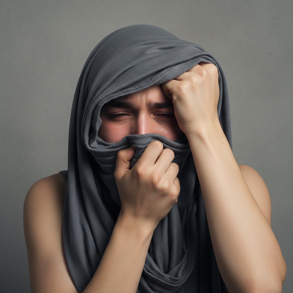 Portret młodej osoby z zasłoniętą twarzą, wyraźnie widoczne emocje, szare tło – symbolizujący blokadę emocji