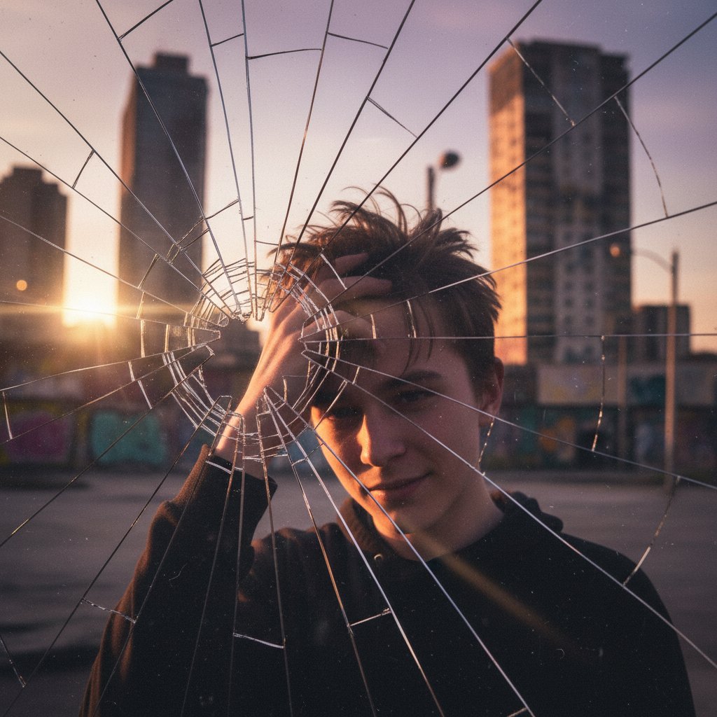 Młoda osoba patrząca w pęknięte lustro, dłoń blisko włosów, emocje niepokoju, tło miejskie