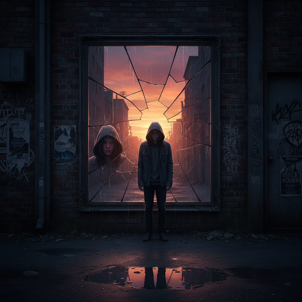 Młoda osoba patrząca w popękane lustro w miejskiej scenerii o zmierzchu, symbolizująca walkę o poczucie wartości