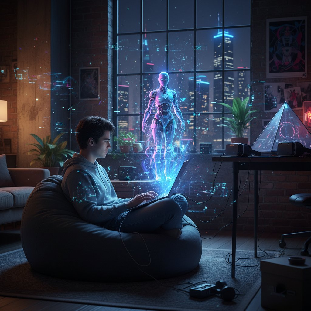 Osoba tworząca avatar na laptopie w nocy, ekran świeci, nowoczesny pokój, klimat kreatywnej rebelii