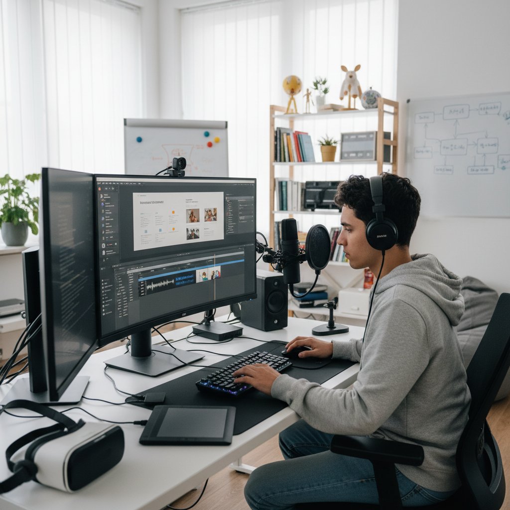 Młoda osoba tworząca treści edukacyjne o technologii na komputerze