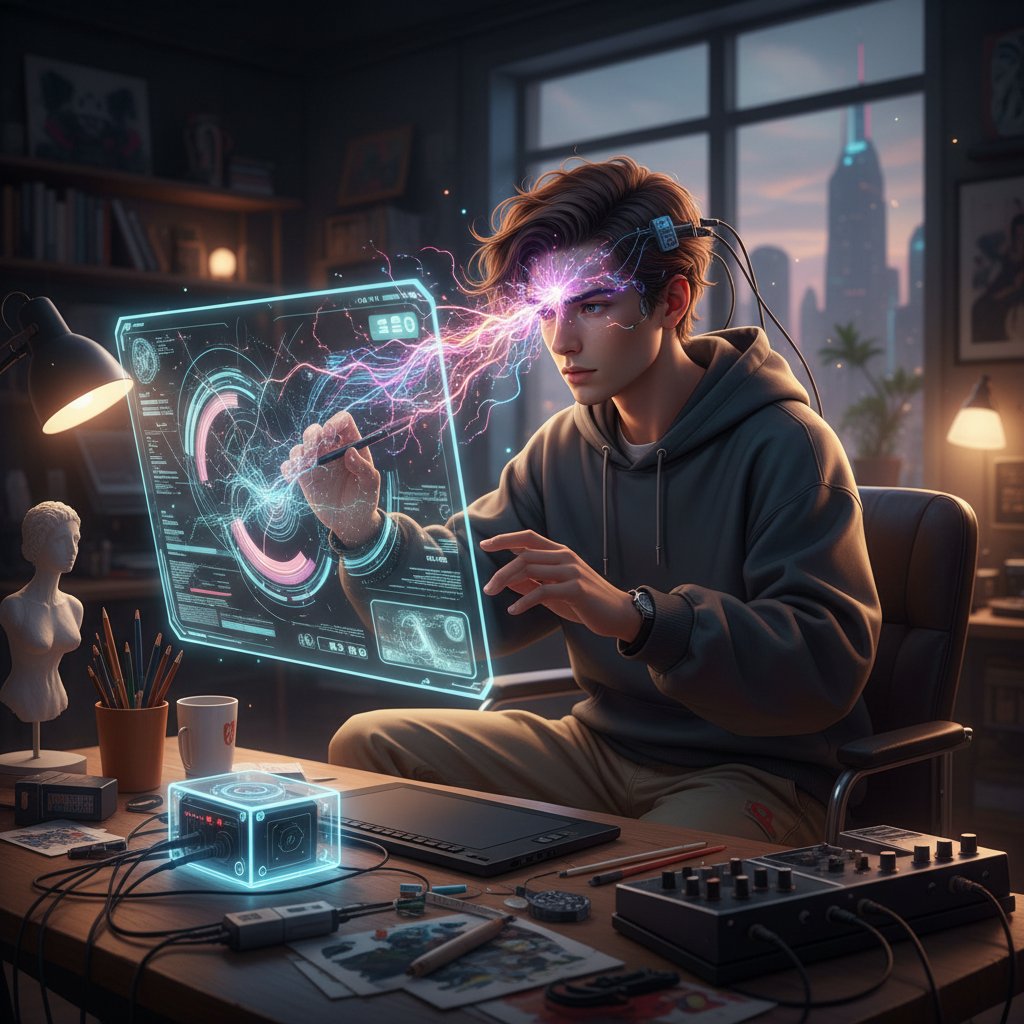 Młody człowiek rozwiązujący kreatywne zadanie podczas improwizowanej lekcji online