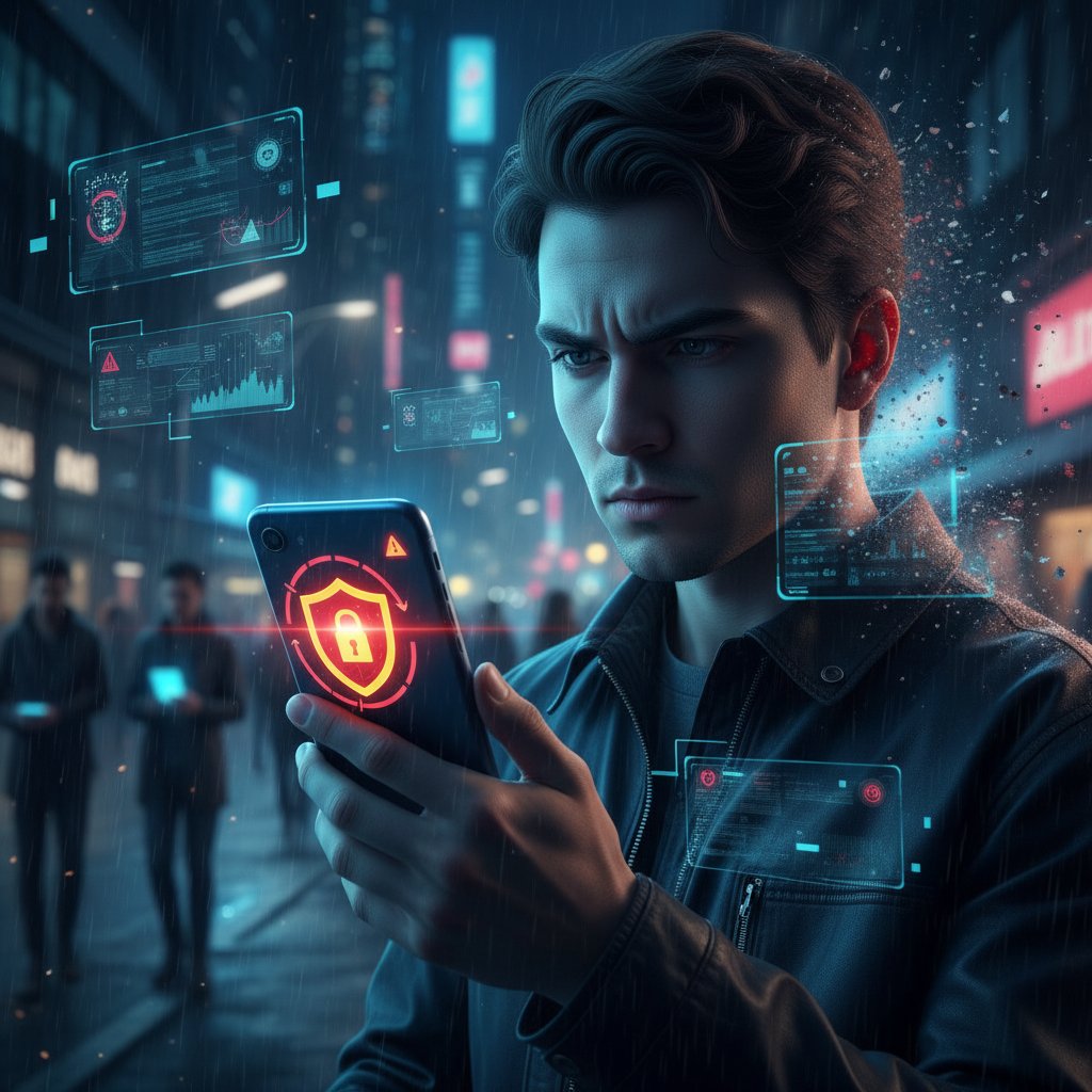 Junge Person schaut kritisch auf Smartphone, Datenschutz-Symbol sichtbar, Szene wirkt wachsam