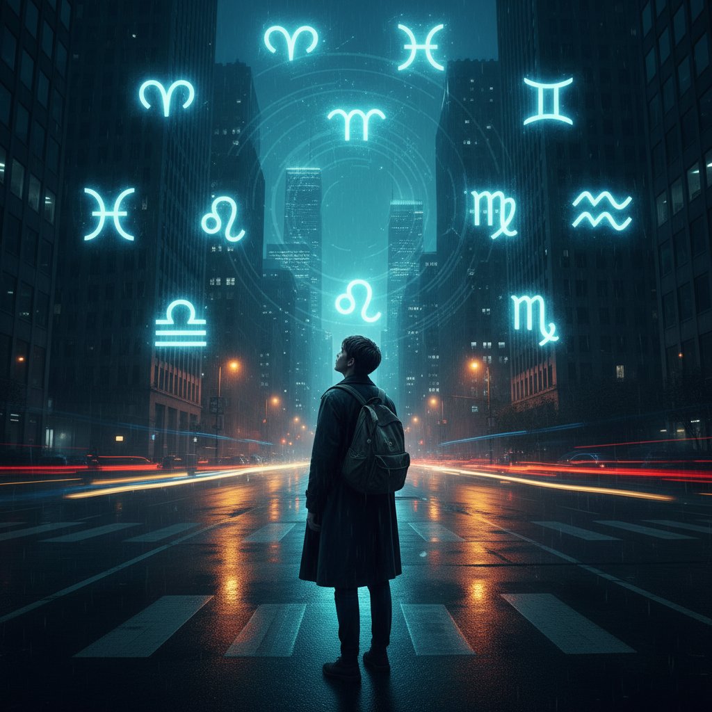Młoda osoba na nocnym rozdrożu z symbolami zodiaku nad miastem – astrologiczne doradztwo zawodowe