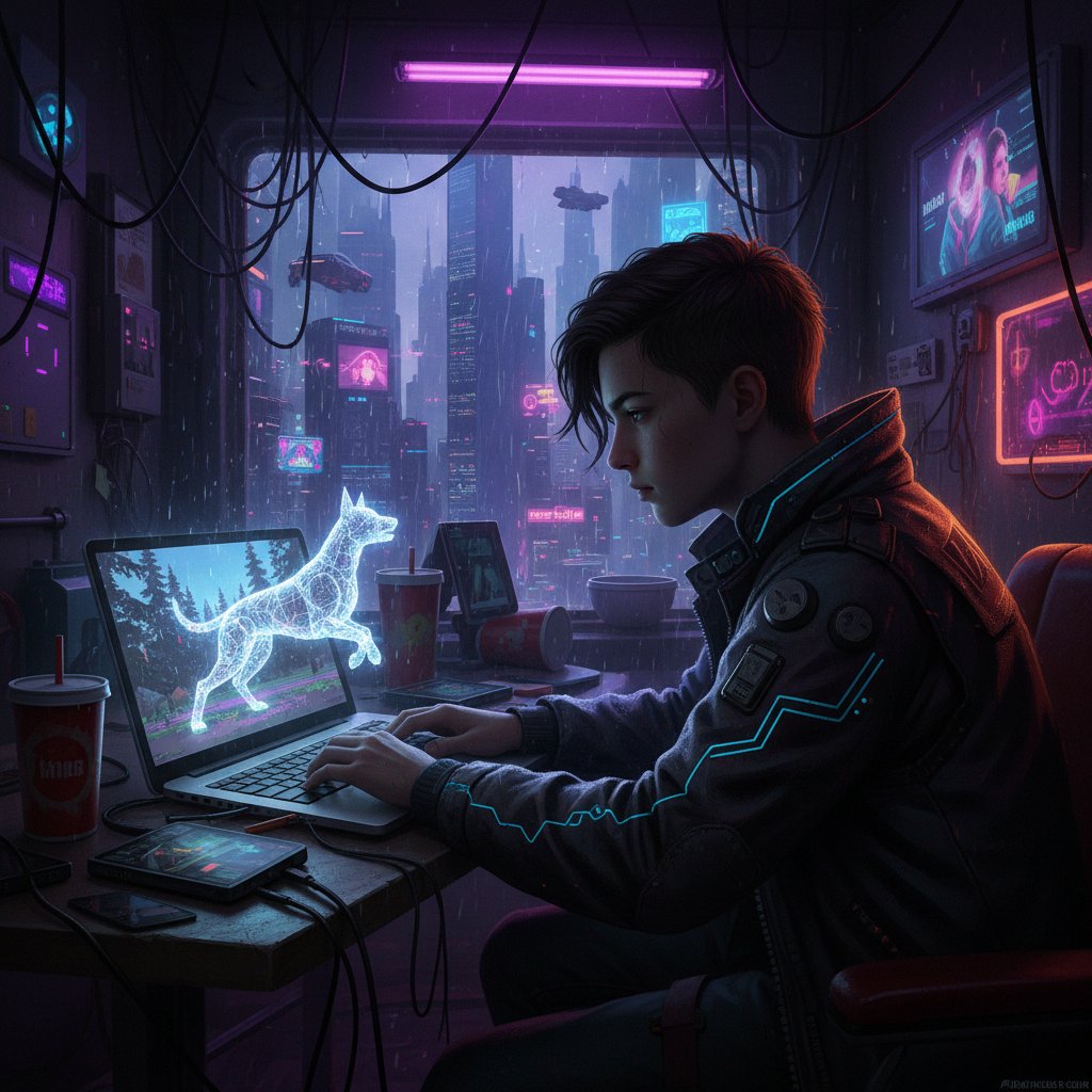 Młoda osoba w polskim mieszkaniu nocą, laptop z symulatorem psów, atmosfera intymna i cyfrowa samotność