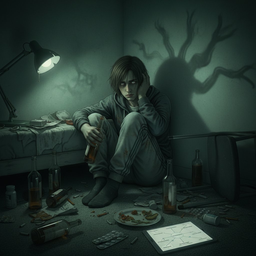 Młoda osoba siedząca samotnie w ciemnym pokoju, butelka alkoholu na stole – symbol współwystępowania uzależnienia i psychozy