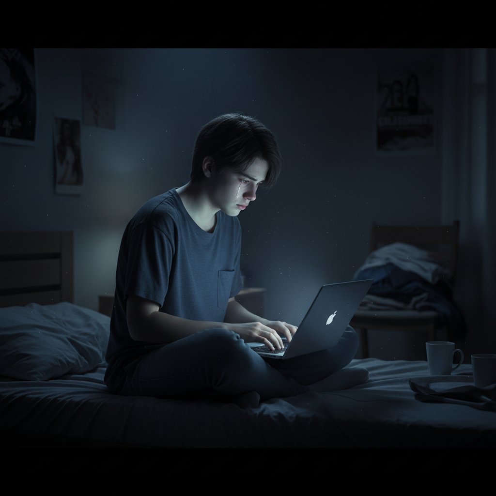 Młoda osoba siedząca samotnie w pokoju, otoczona świecącymi ekranami, symbolizująca samotność w erze cyfrowej