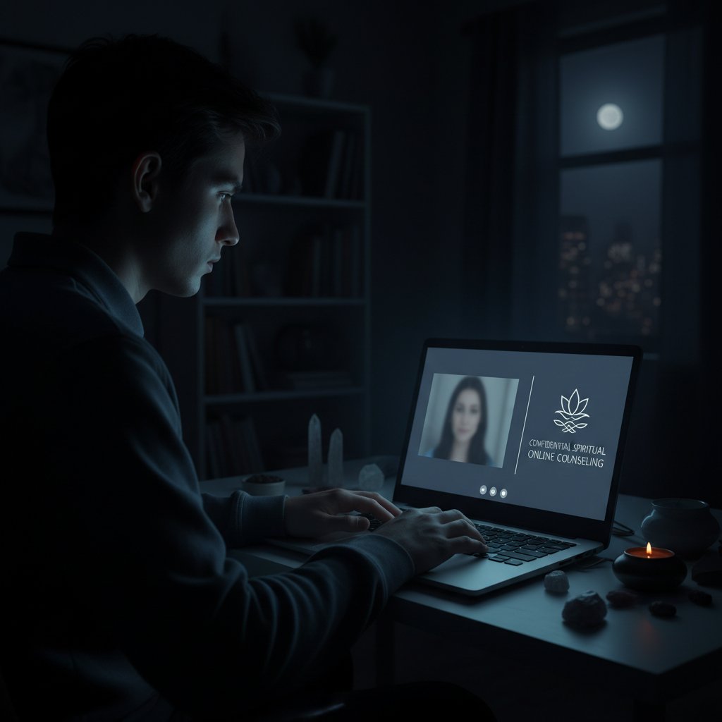 Junge Person in dunklem Raum, vom Laptoplicht beleuchtet, sucht diskrete spirituelle Online-Beratung